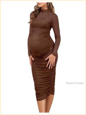 Long Sleeve Maternity Formal Midi Dress Mesh Maternity Wedding Guest